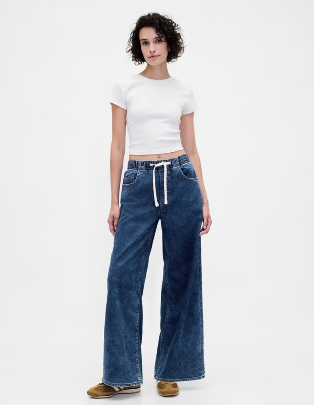 NWT Gap Mid Rise Knit Denim Baggy Jeans Dark Indigo XL Drawstring Waist Wide Leg
